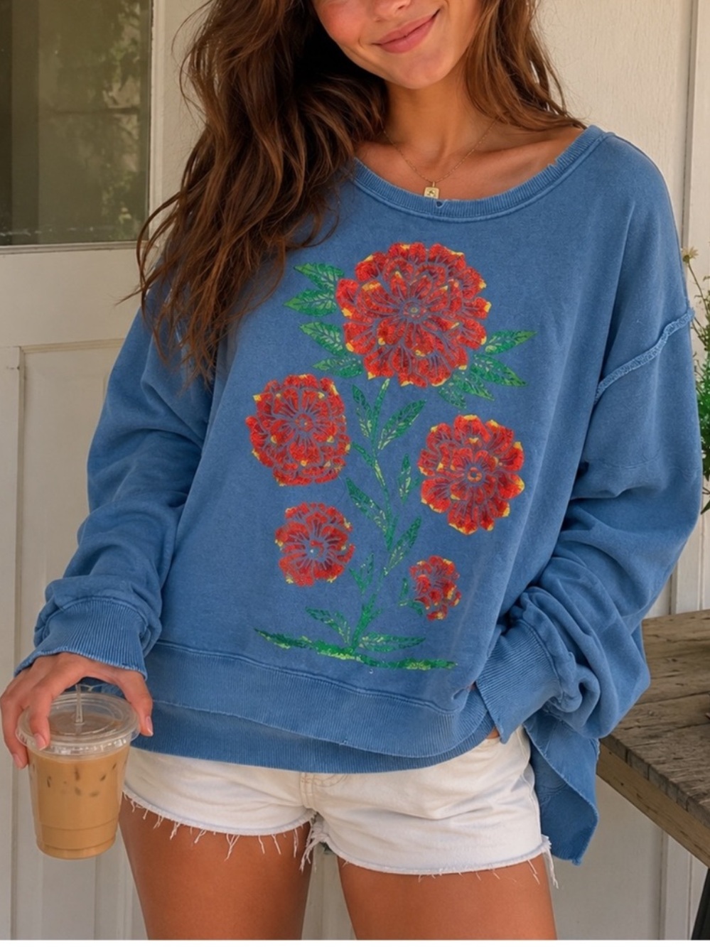 Free People We The Free Graphic Camden Pullover in Blue Floral Print NWT